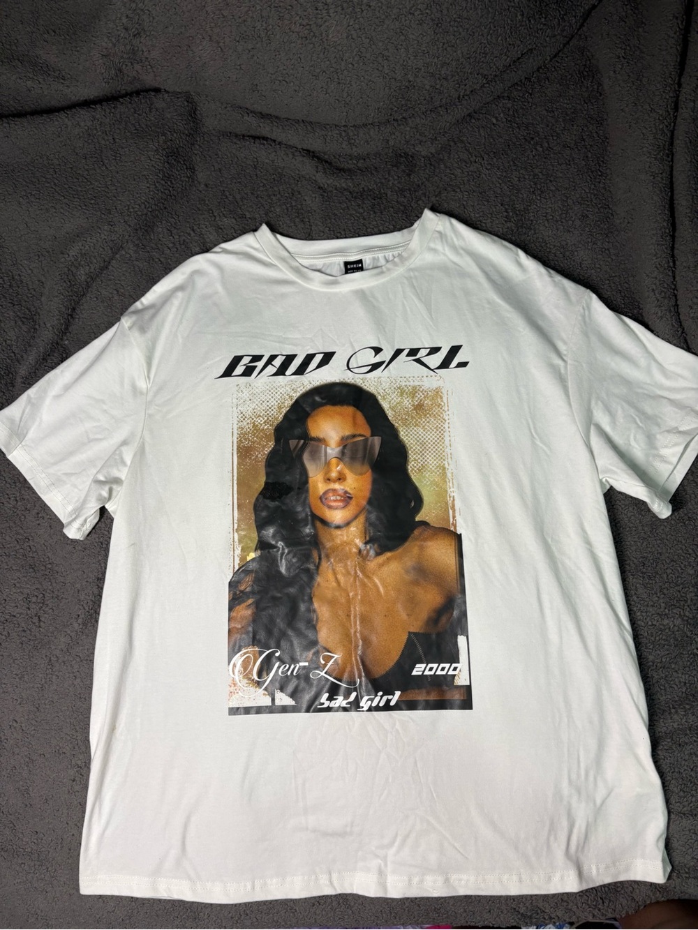 SHEIN White "Bad Girl" Graphic Tee with Photo Print